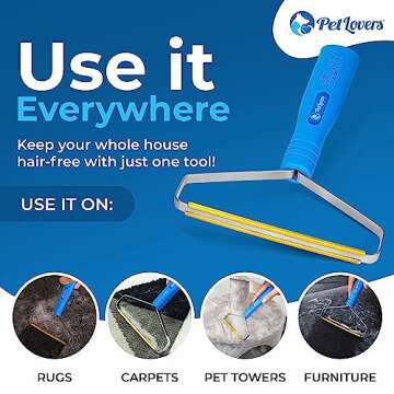 PetLovers EzLint Pet Hair Remover - Reusable Dog and Cat Fur Removal Tool, Portable Carpet Scraper & Rake for Couches, Furniture, Rugs, Mats, and Clothes Blue