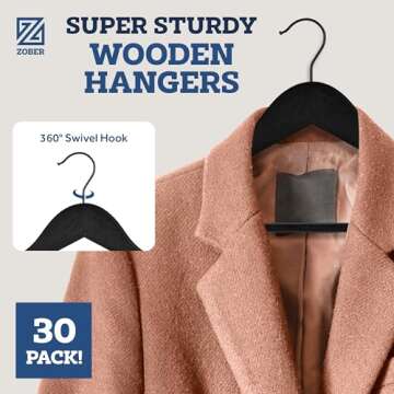 ZOBER Heavy Duty, Non Slip Wooden Hangers - (30 Pack) for Coats, Jackets, Suits, & Pants - Clothes Hangers for Closet W/Bar and Notches