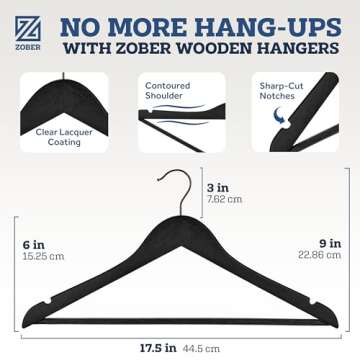 ZOBER Heavy Duty, Non Slip Wooden Hangers - (30 Pack) for Coats, Jackets, Suits, & Pants - Clothes Hangers for Closet W/Bar and Notches