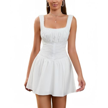 HTZMO Women's Square Neck Lace Ruched Short Dress