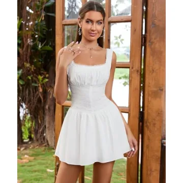 HTZMO Women's Square Neck Lace Ruched Short Dress