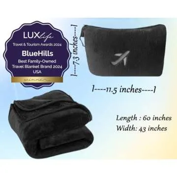 BlueHills Travel Blanket Pillow in Mini Soft Packable Case Premium Plush Airplane Blanket in Portable Compact Pack with Luggage Belt and Carabiner Long Flight Throw Essentials Lightweight- Black M05