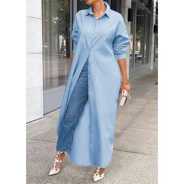 Choichic Oversized Shirts for Women Casual Long Sleeve Side Slit Loose Button Down Tshirt Dresses Maxi Dresses XX-Large Sky Blue