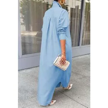 Choichic Oversized Shirts for Women Casual Long Sleeve Side Slit Loose Button Down Tshirt Dresses Maxi Dresses XX-Large Sky Blue