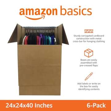 Amazon Basics Wardrobe Clothing Moving Boxes with Bar, 6 Pack, Brown, 24" x 24" x 40"