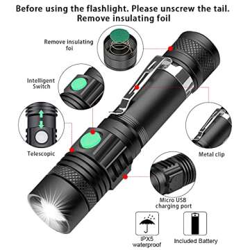 iToncs Rechargeable Flashlight, Pocket-Sized Torch with Super Bright 2000 Lumens LED, Water Resistant, Zoomable, LED Tactical Flashlights with Clip, 4 Modes for Camping Hiking and Emergency(2 Pack)
