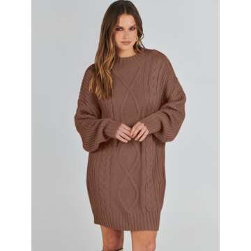 ANRABESS Women's 2024 Fall Oversized Sweater Dress Long Sleeve Crewneck Chunky Cable Knit Casual Short Pullover Dress Tops Brown Medium