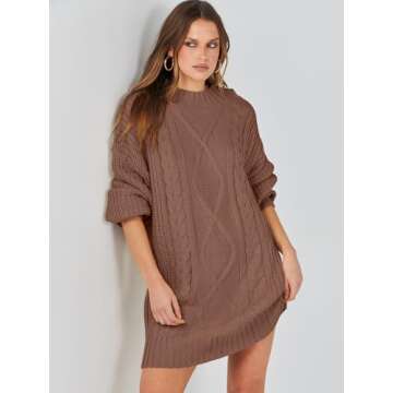 ANRABESS Women's 2024 Fall Oversized Sweater Dress Long Sleeve Crewneck Chunky Cable Knit Casual Short Pullover Dress Tops Brown Medium