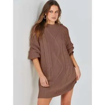 ANRABESS Women's 2024 Fall Oversized Sweater Dress Long Sleeve Crewneck Chunky Cable Knit Casual Short Pullover Dress Tops Brown Medium