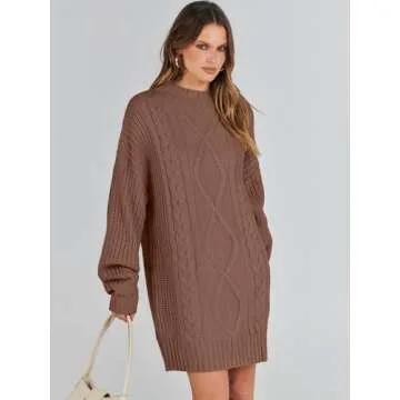 ANRABESS Women's 2024 Fall Oversized Sweater Dress Long Sleeve Crewneck Chunky Cable Knit Casual Short Pullover Dress Tops Brown Medium