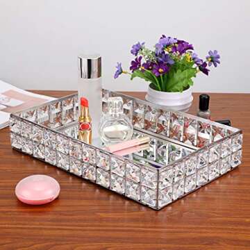 Hipiwe Mirrored Crystal Vanity Makeup Tray, Sparkly Bling Jewelry Trinket Tray, Rectangle Perfume Tray Cosmetic Display Organizer Dresser Tray Bathroom Tray for Home Decor