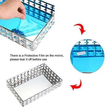 Hipiwe Mirrored Crystal Vanity Makeup Tray, Sparkly Bling Jewelry Trinket Tray, Rectangle Perfume Tray Cosmetic Display Organizer Dresser Tray Bathroom Tray for Home Decor