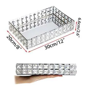 Hipiwe Mirrored Crystal Vanity Makeup Tray, Sparkly Bling Jewelry Trinket Tray, Rectangle Perfume Tray Cosmetic Display Organizer Dresser Tray Bathroom Tray for Home Decor