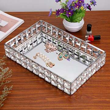 Hipiwe Mirrored Crystal Vanity Makeup Tray, Sparkly Bling Jewelry Trinket Tray, Rectangle Perfume Tray Cosmetic Display Organizer Dresser Tray Bathroom Tray for Home Decor
