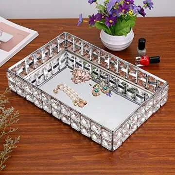 Hipiwe Mirrored Crystal Vanity Makeup Tray, Sparkly Bling Jewelry Trinket Tray, Rectangle Perfume Tray Cosmetic Display Organizer Dresser Tray Bathroom Tray for Home Decor