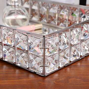 Hipiwe Mirrored Crystal Vanity Makeup Tray, Sparkly Bling Jewelry Trinket Tray, Rectangle Perfume Tray Cosmetic Display Organizer Dresser Tray Bathroom Tray for Home Decor