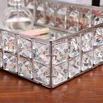 Hipiwe Mirrored Crystal Vanity Makeup Tray, Sparkly Bling Jewelry Trinket Tray, Rectangle Perfume Tray Cosmetic Display Organizer Dresser Tray Bathroom Tray for Home Decor