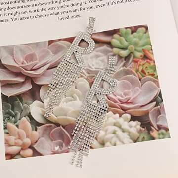 Initial Rhinestone Earrings Sparkle Alphabet Dangle Drop Earrings Clear Crystal Tassel Chandelier Statement Earrings for Women Party Jewelry (R, Silver)