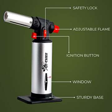 Jo Chef Butane Torch Lighter, Cooking Torch - Refillable Adjustable Flame Lighter with Safety Lock for BBQ, Baking, Brulee Creme, DIY, Crafts and Soldering+ FREE Recipe eBook