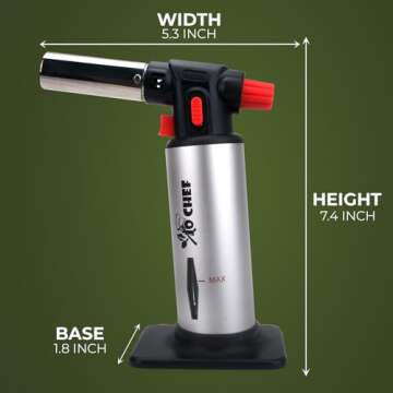 Jo Chef Butane Torch Lighter, Cooking Torch - Refillable Adjustable Flame Lighter with Safety Lock for BBQ, Baking, Brulee Creme, DIY, Crafts and Soldering+ FREE Recipe eBook