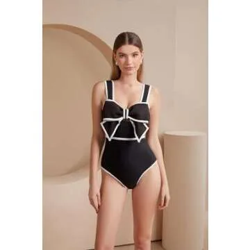 FLAXMAKER Black and White Swimsuit Bow-tie Decor Women's Polka dot Print Skirt One Piece Bathing Suit with Skirt(Black,M)