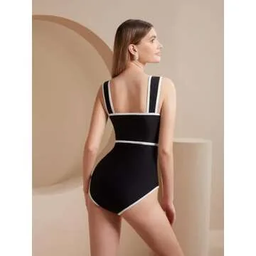 FLAXMAKER Black and White Swimsuit Bow-tie Decor Women's Polka dot Print Skirt One Piece Bathing Suit with Skirt(Black,M)