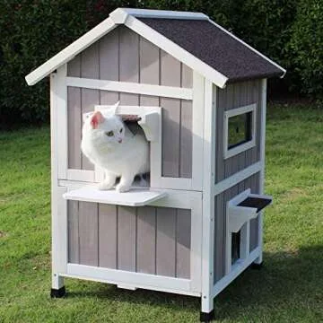 Rockever Outdoor Cat House, Large Outdoor Houses for Feral Cats Wooden Outside Cat Shelter Weatherproof with Escape Door