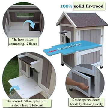 Rockever Outdoor Cat House, Large Outdoor Houses for Feral Cats Wooden Outside Cat Shelter Weatherproof with Escape Door