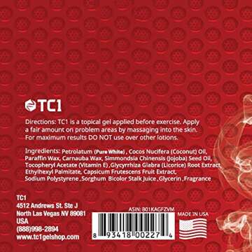 TC1 Sweat Ignition Workout Gel, Topical Thermogenic with Capsaicin, 6 oz Jar