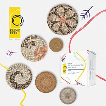 KushimHome Hanging Wall Basket Decor Set - Large Wall Decor Boho Basket Wall Decor - Wicker Wall Bas...