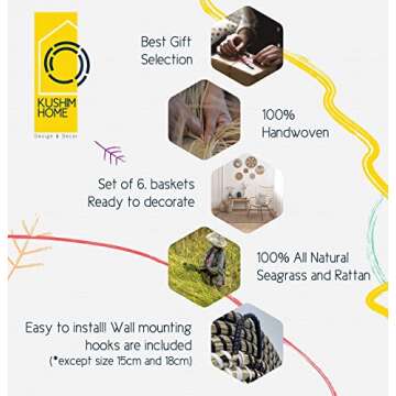 KushimHome Hanging Wall Basket Decor Set - Large Wall Decor Boho Basket Wall Decor - Wicker Wall Baskets Rattan Decor - Bamboo Woven Basket Wall Decor - Seagrass Boho Wall Decor Baskets - African Flat