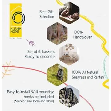 KushimHome Hanging Wall Basket Decor Set - Large Wall Decor Boho Basket Wall Decor - Wicker Wall Baskets Rattan Decor - Bamboo Woven Basket Wall Decor - Seagrass Boho Wall Decor Baskets - African Flat