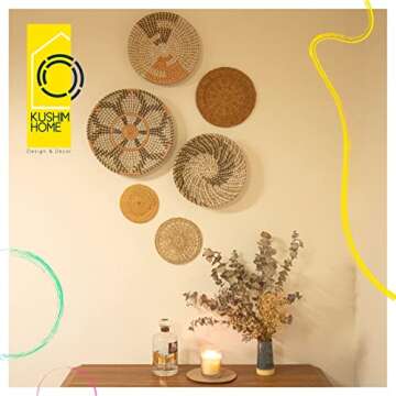 KushimHome Hanging Wall Basket Decor Set - Large Wall Decor Boho Basket Wall Decor - Wicker Wall Baskets Rattan Decor - Bamboo Woven Basket Wall Decor - Seagrass Boho Wall Decor Baskets - African Flat