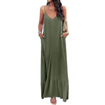 BROVAVE Women's Summer Casual Sundress Sleeveless Spaghetti Strap V Neck Loose Flowy Maxi Dresses wi...