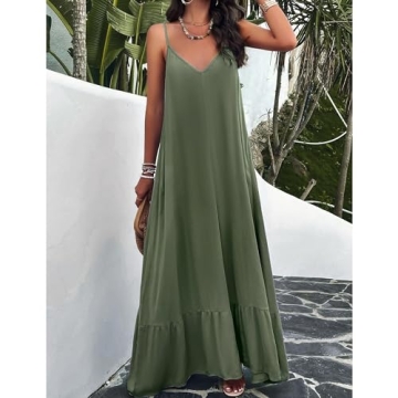 BROVAVE Women's Summer Casual Sundress Sleeveless Spaghetti Strap V Neck Loose Flowy Maxi Dresses with Pockets Green
