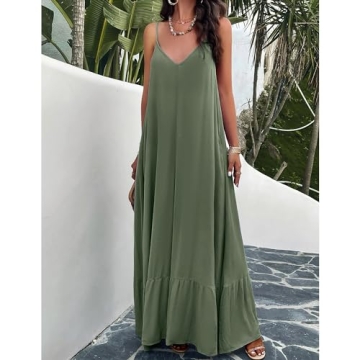 BROVAVE Women's Summer Casual Sundress Sleeveless Spaghetti Strap V Neck Loose Flowy Maxi Dresses with Pockets Green