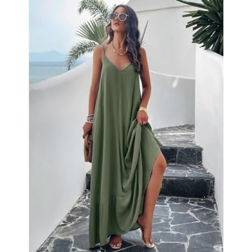 BROVAVE Women's Summer Casual Sundress Sleeveless Spaghetti Strap V Neck Loose Flowy Maxi Dresses with Pockets Green
