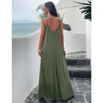 BROVAVE Women's Summer Casual Sundress Sleeveless Spaghetti Strap V Neck Loose Flowy Maxi Dresses with Pockets Green