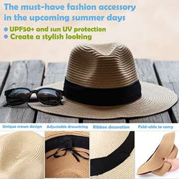 2-Pack Beach Hats for Women Summer Straw Sun Hats Women's Wide Brim Fedora Hat UV Protection Fashion Travel Accessories Ivory + Tan
