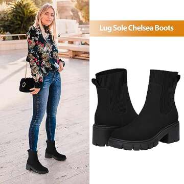 Athlefit Women's Chelsea Boots Fashion Slip on Platform Ankle Boots Lug Sole Chunky Booties