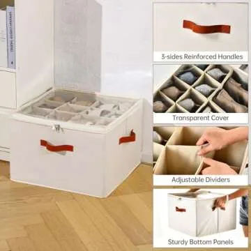 INSTY Shoe Organizer for Closet, 2 Pack Foldable Shoe Storage Containers, Fits up to 16-32 Pairs, Adjustable Dividers for Shoe Storage, Fabric Shoe Storage Bins with Clear Cover, Beige