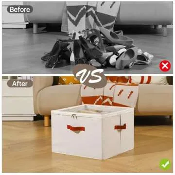 INSTY Shoe Organizer for Closet, 2 Pack Foldable Shoe Storage Containers, Fits up to 16-32 Pairs, Adjustable Dividers for Shoe Storage, Fabric Shoe Storage Bins with Clear Cover, Beige