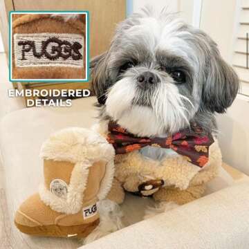 Haute Diggity Dog Pugg Boot, Plush Designer Dog Toys with Interactive Squeaker, Stimulating Pet Enrichment, Machine-Washable & Safe Materials for All Breeds, One Size