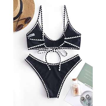 ZAFUL Women's Contrast Trim Piping Crochet High Cut Tie Back Bralette Bikini Set (2-Black, S)