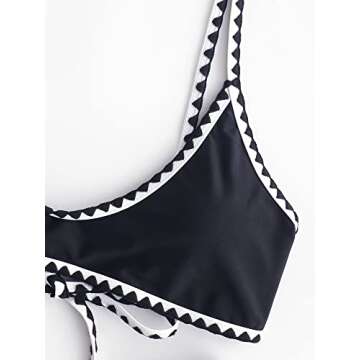 ZAFUL Women's Contrast Trim Piping Crochet High Cut Tie Back Bralette Bikini Set (2-Black, S)