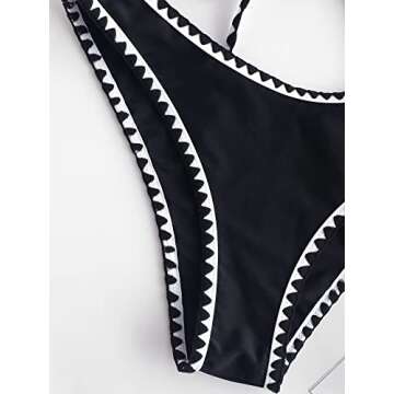 ZAFUL Women's Contrast Trim Piping Crochet High Cut Tie Back Bralette Bikini Set (2-Black, S)