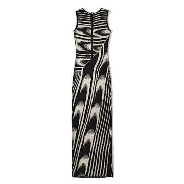 efvandoloe Summer Chic Abstract Knitted Long Dress Women Crew Neck Sleeveless Stretchable Slim Maxi Dresses (as1, Alpha, m, Regular, Regular, Black)