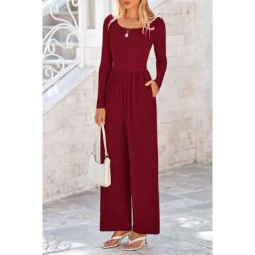 PRETTYGARDEN Women's Spring Fall Fashion One Piece Jumpsuits Dressy Casual Long Sleeve Wide Leg Ribbed Knit Rompers (Wine Red,Medium)