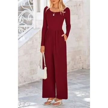 PRETTYGARDEN Women's Spring Fall Fashion One Piece Jumpsuits Dressy Casual Long Sleeve Wide Leg Ribbed Knit Rompers (Wine Red,Medium)