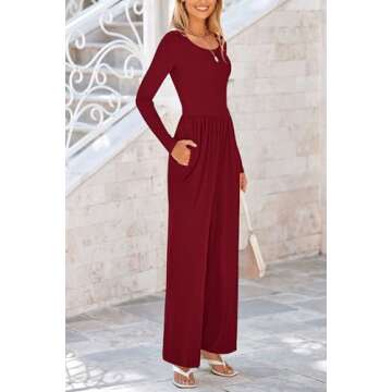 PRETTYGARDEN Women's Spring Fall Fashion One Piece Jumpsuits Dressy Casual Long Sleeve Wide Leg Ribbed Knit Rompers (Wine Red,Medium)